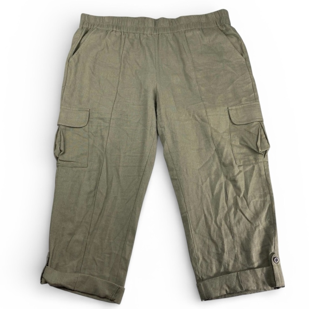 Eddie Bauer Pants Womens XL Olive Green Cargo Roll Hem Crop Linen Rayon Pull On